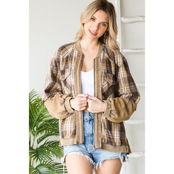 014 Oli & Hali Washed Mixed Media Plaid Zip Front Jacket NEW Size Medium - Picture 1 of 6